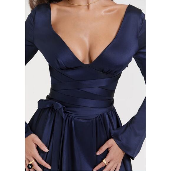 House of CB Dress Small Plus Cup Dominique Navy Plunge Mini Blue Satin Flirty - Picture 3 of 15
